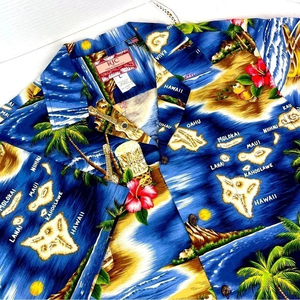 Vintage 90’s Men’s RJC Hawaiian Islands Map Shirt Floral‎ Ukulele Palms Sz.Large